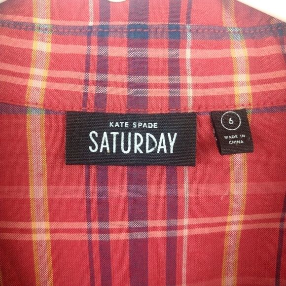 Kate Spade Plaid Button Down "Saturday" Red Cotton, Size - 6 - Picture 2 of 8